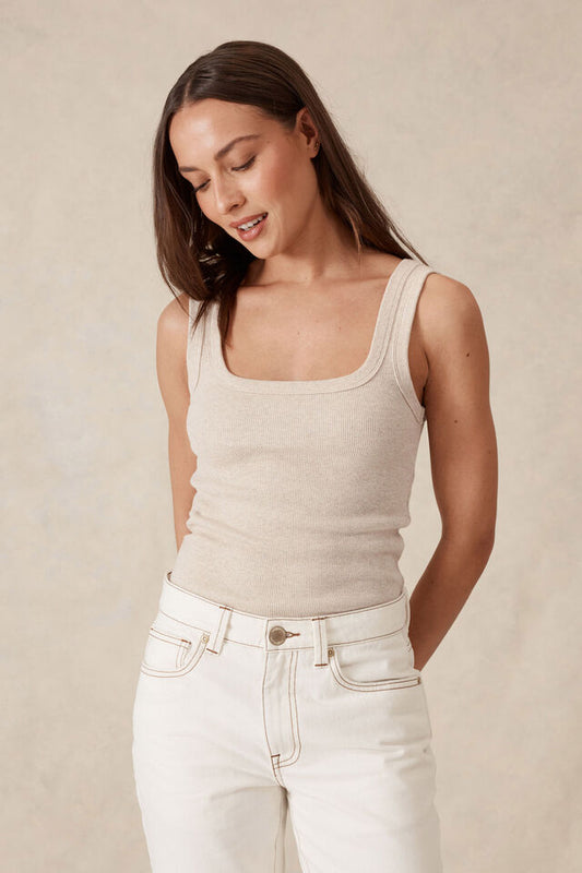 Ceres Life Contour Rib Square Neck Tank Oatmeal Marle