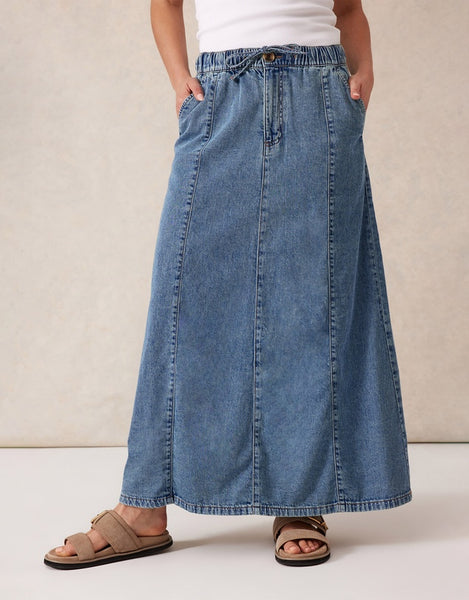 Ceres Life Panelled Maxi Skirt Worn Blue Denim