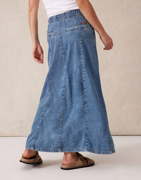 Ceres Life Panelled Maxi Skirt Worn Blue Denim