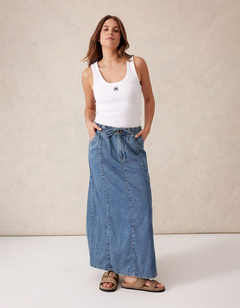 Ceres Life Panelled Maxi Skirt Worn Blue Denim