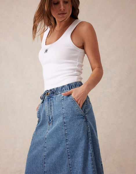 Ceres Life Panelled Maxi Skirt Worn Blue Denim