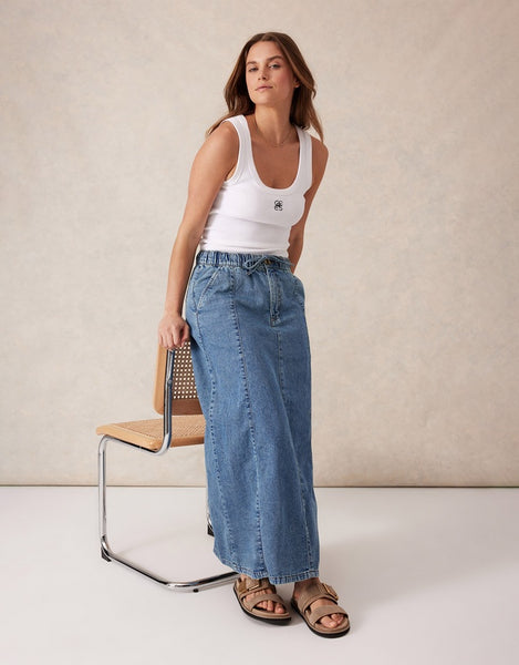 Ceres Life Panelled Maxi Skirt Worn Blue Denim